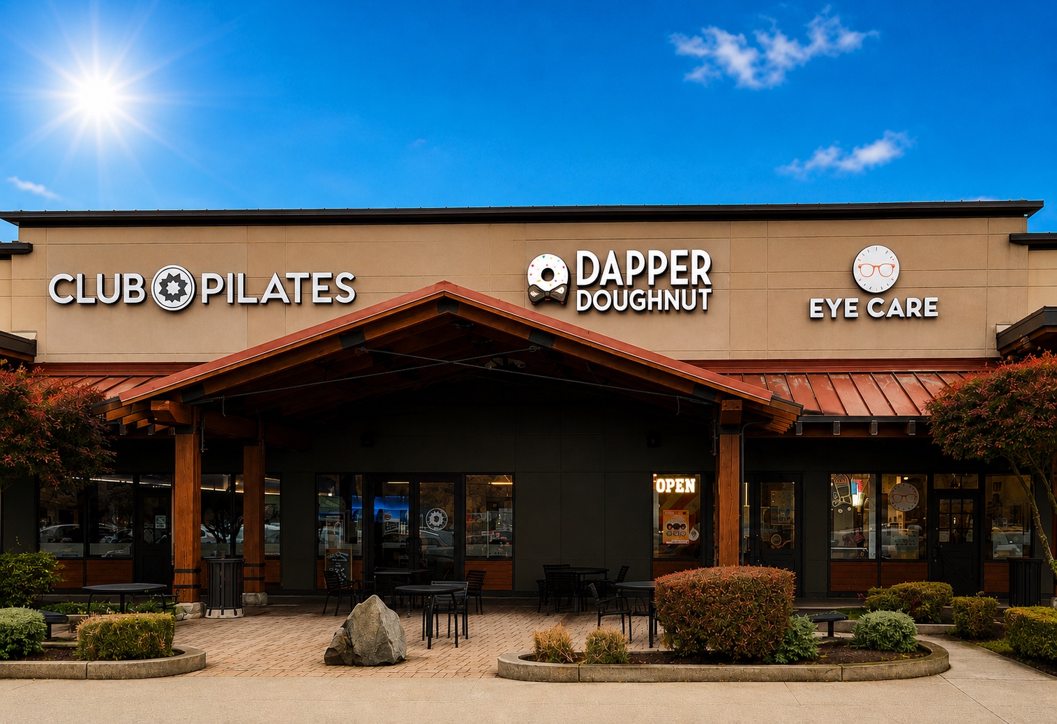 The Dapper Doughnut storefront in the Sammamish Highlands shopping center, next to Club Pilates and Eye Care