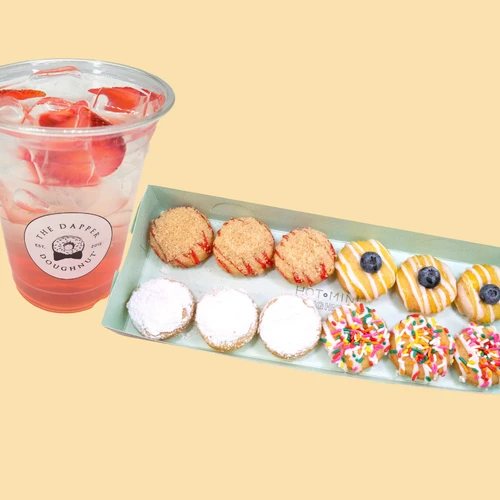 Mini 12 Refresher Combo — a strawberry refresher over ice beside a 12-count tray of assorted mini doughnuts