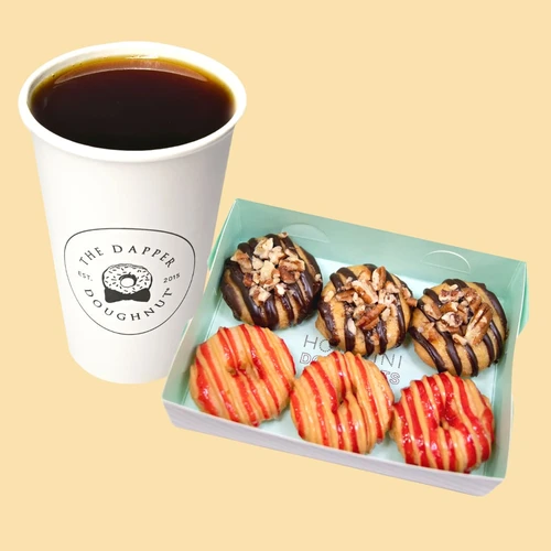 Mini 6 Coffee Combo — a Dapper Doughnut branded cup of hot coffee beside a 6-count box of fresh mini doughnuts