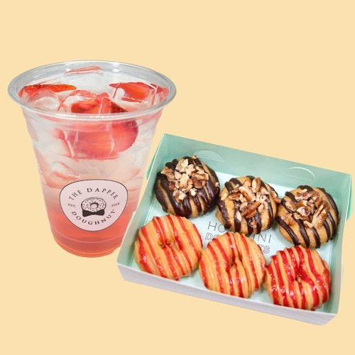 Mini 6 Refresher Combo — a strawberry refresher over ice beside a 6-count box of fresh mini doughnuts