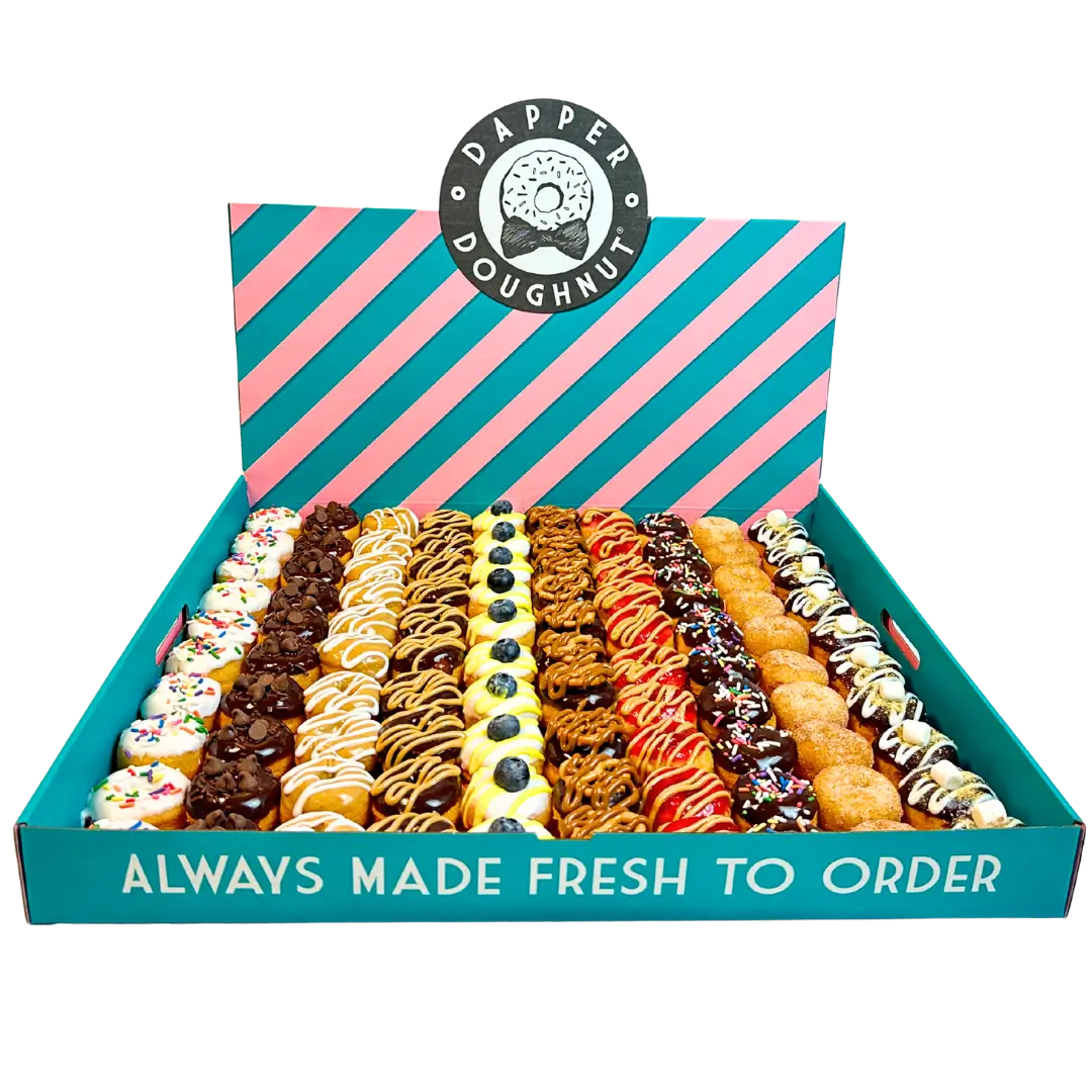 Giant Dapper Doughnut party box of 100 fresh mini doughnuts, with Always Made Fresh to Order printed on the teal box