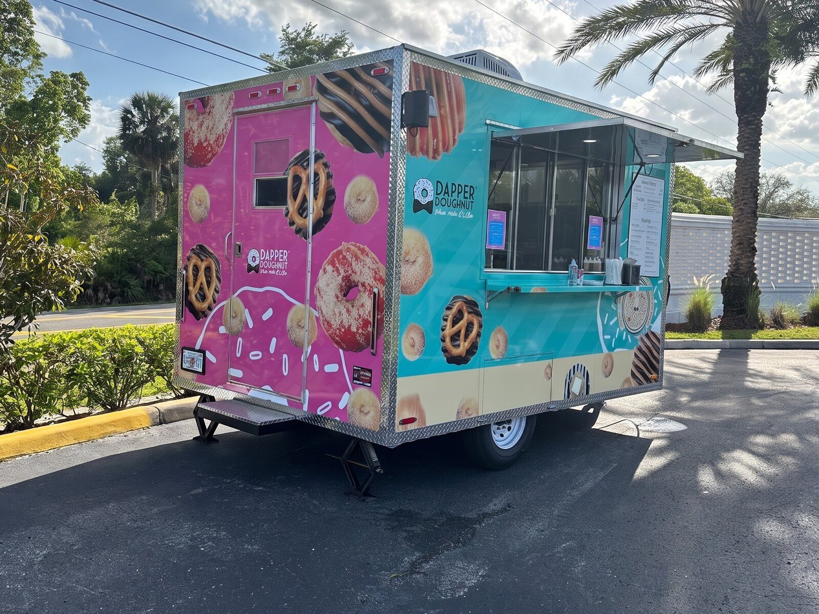 The Dapper Doughnut food trailer with its pink and teal doughnut wrap, parked and ready for an event