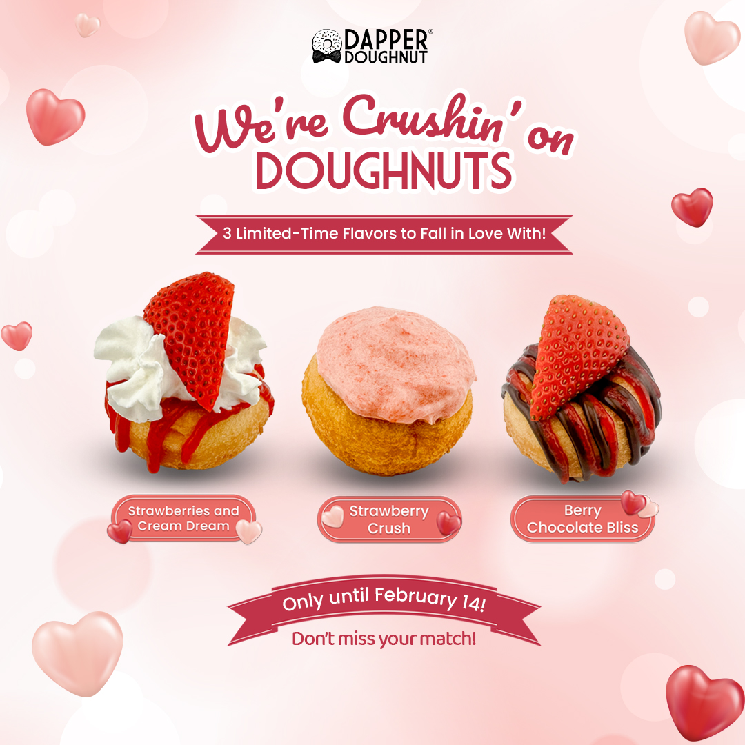 Valentine’s Day promo by Dapper Doughnut featuring three limited-time doughnut flavors