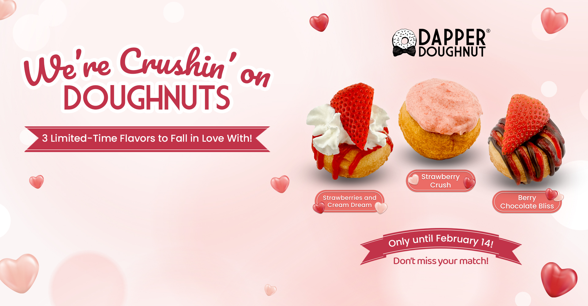 Valentine’s Day promo by Dapper Doughnut featuring three limited-time doughnut flavors